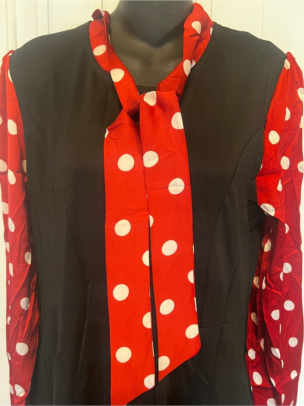 New Tulip B Long Sleeve Black Dress with Red Polka Dot Tie-Neck Modern Vintage - Picture 4 of 7